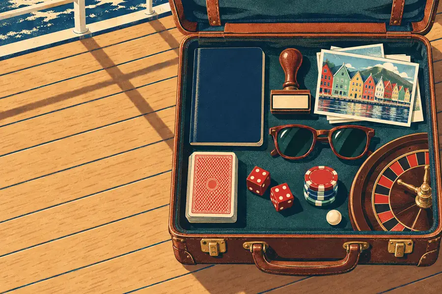 An open suitcase with a passport, a rubber stamp, postcards of Willemstad, cards and dice